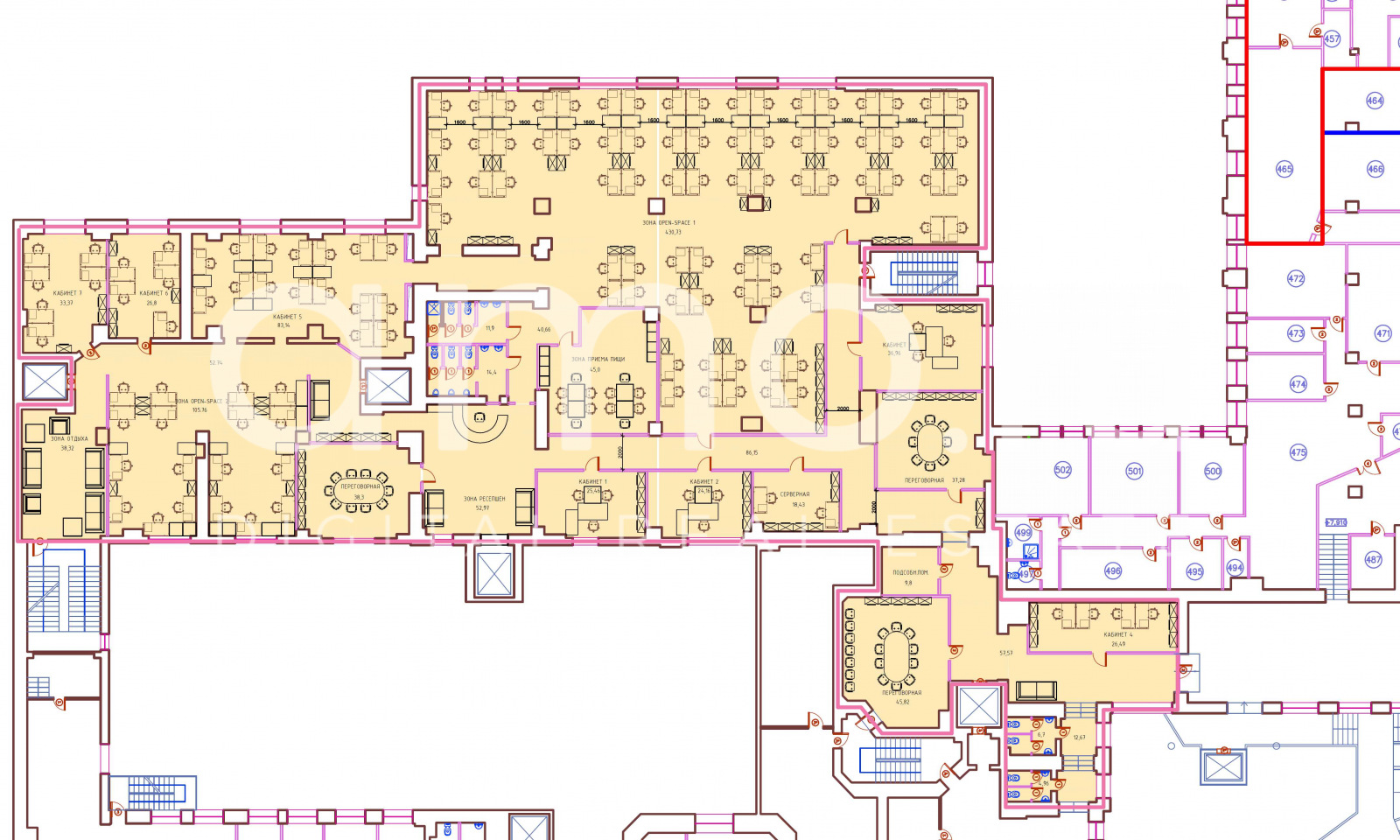 Планировка офиса 1356.5 м², 3 этаж, БЦ «Остров»